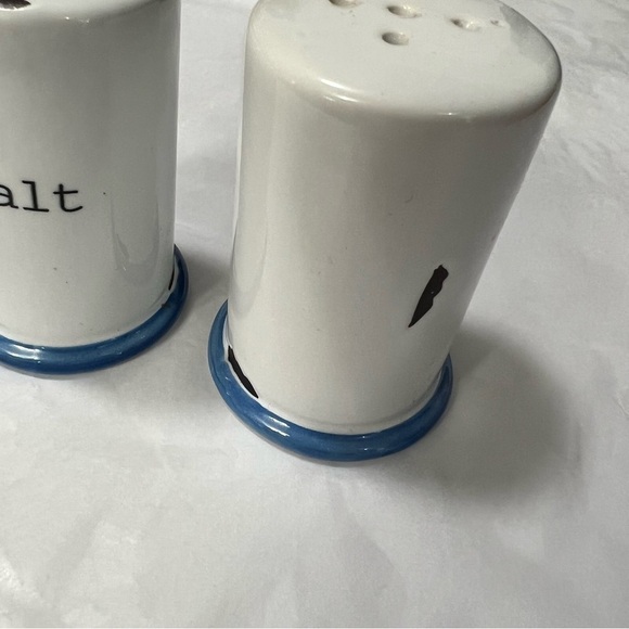 Vintage Look Ceramic Salt & Pepper Shakers White with Black Lettering & Blue Rim - Picture 7 of 7